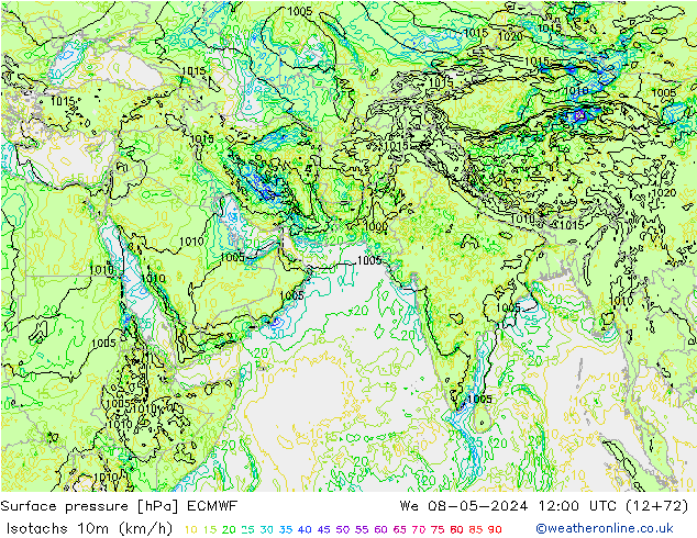Isotachs (kph) ECMWF mer 08.05.2024 12 UTC