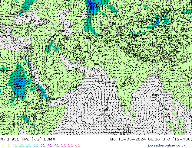 Vento 950 hPa ECMWF lun 13.05.2024 06 UTC