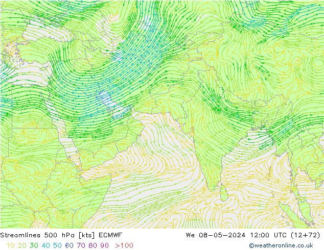 Linea di flusso 500 hPa ECMWF mer 08.05.2024 12 UTC