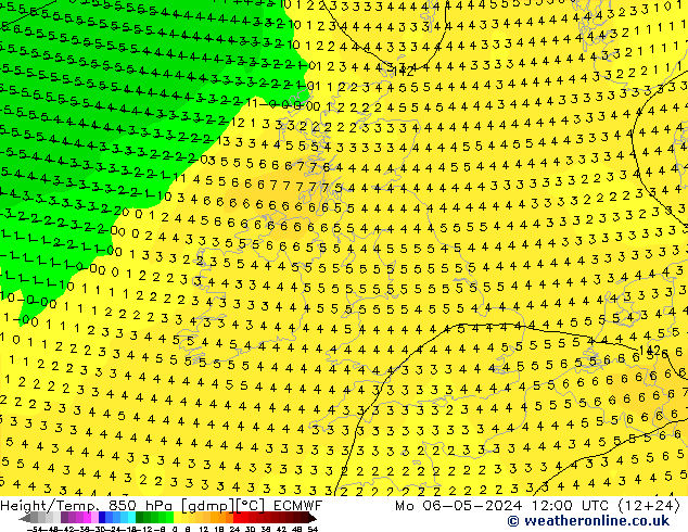 Z500/Rain (+SLP)/Z850 ECMWF pon. 06.05.2024 12 UTC