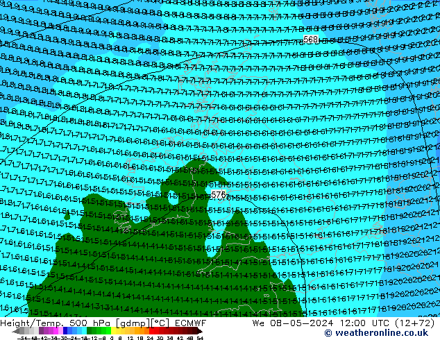 Z500/Rain (+SLP)/Z850 ECMWF mer 08.05.2024 12 UTC