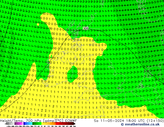 Height/Temp. 700 гПа ECMWF сб 11.05.2024 18 UTC