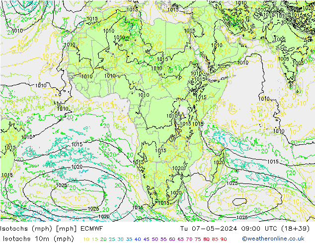 Isotachs (mph) ECMWF Út 07.05.2024 09 UTC