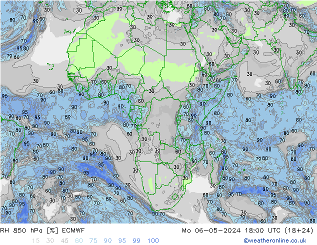 Humedad rel. 850hPa ECMWF lun 06.05.2024 18 UTC