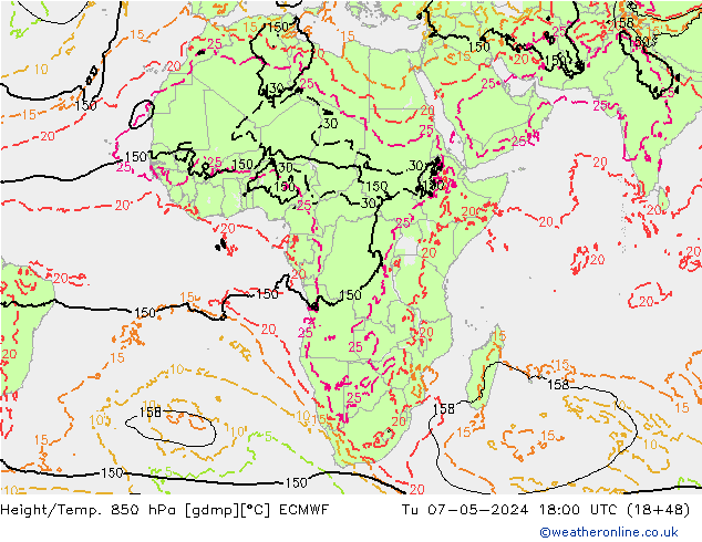 Geop./Temp. 850 hPa ECMWF mar 07.05.2024 18 UTC