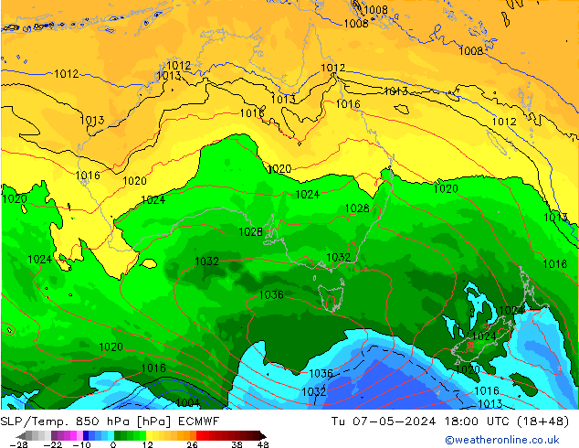 SLP/Temp. 850 hPa ECMWF Út 07.05.2024 18 UTC