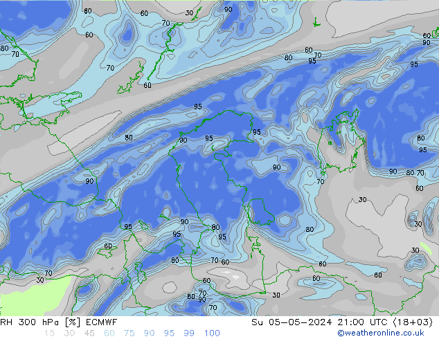 RH 300 hPa ECMWF Dom 05.05.2024 21 UTC