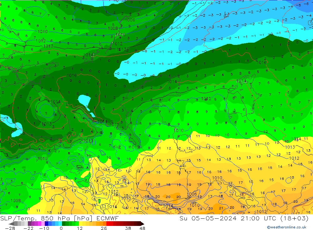 SLP/Temp. 850 hPa ECMWF Dom 05.05.2024 21 UTC