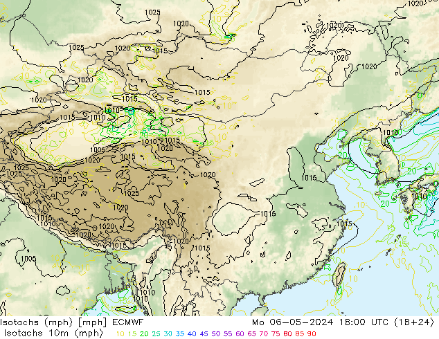 Isotachs (mph) ECMWF 星期一 06.05.2024 18 UTC