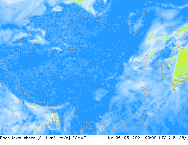 Deep layer shear (0-1km) ECMWF 星期一 06.05.2024 00 UTC
