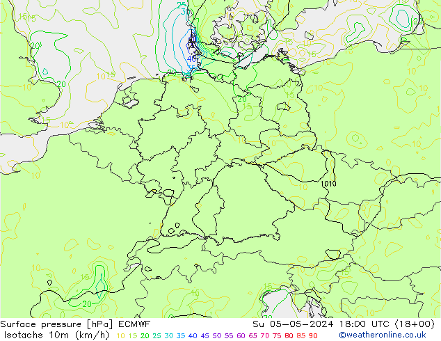 Isotachs (kph) ECMWF Dom 05.05.2024 18 UTC