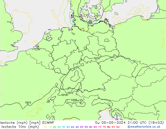Isotachs (mph) ECMWF Ne 05.05.2024 21 UTC
