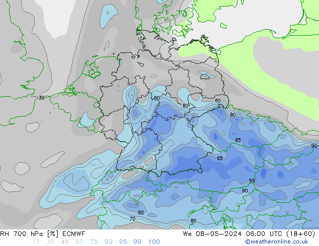 Humidité rel. 700 hPa ECMWF mer 08.05.2024 06 UTC