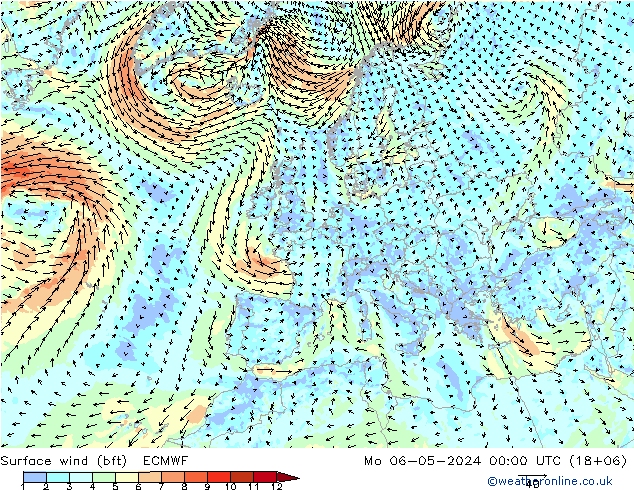 Vento 10 m (bft) ECMWF Seg 06.05.2024 00 UTC