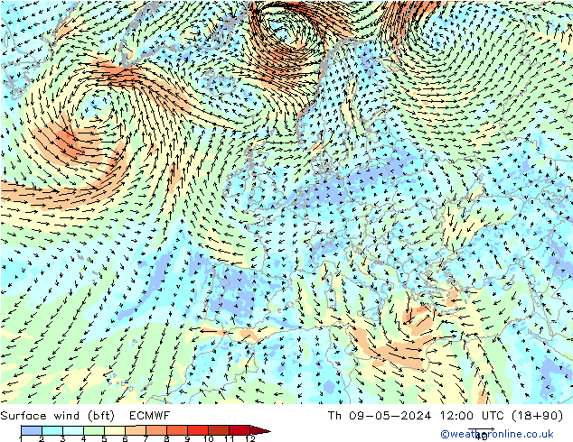 Bodenwind (bft) ECMWF Do 09.05.2024 12 UTC