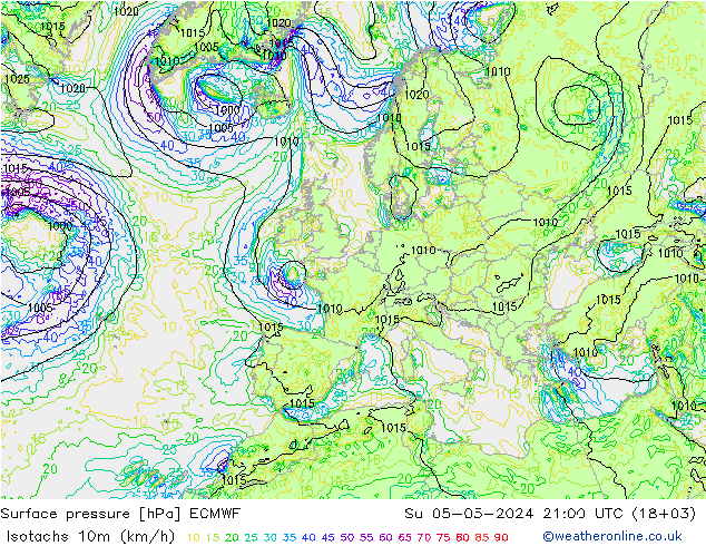 Isotachs (kph) ECMWF dim 05.05.2024 21 UTC