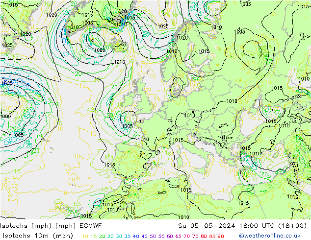 Isotachs (mph) ECMWF Dom 05.05.2024 18 UTC