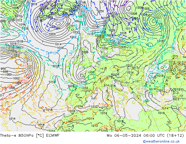 Theta-e 850hPa ECMWF pon. 06.05.2024 06 UTC