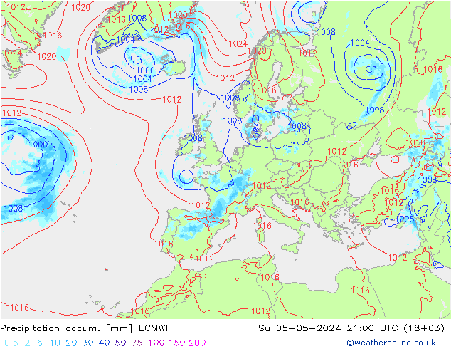 Precipitation accum. ECMWF nie. 05.05.2024 21 UTC