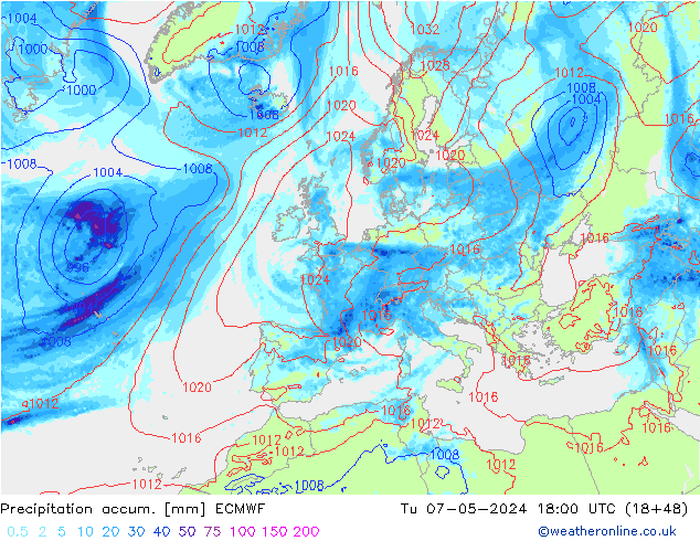 Precipitation accum. ECMWF Tu 07.05.2024 18 UTC