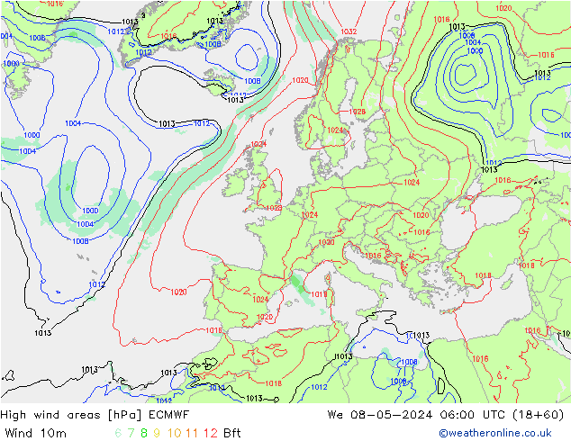 yüksek rüzgarlı alanlar ECMWF Çar 08.05.2024 06 UTC