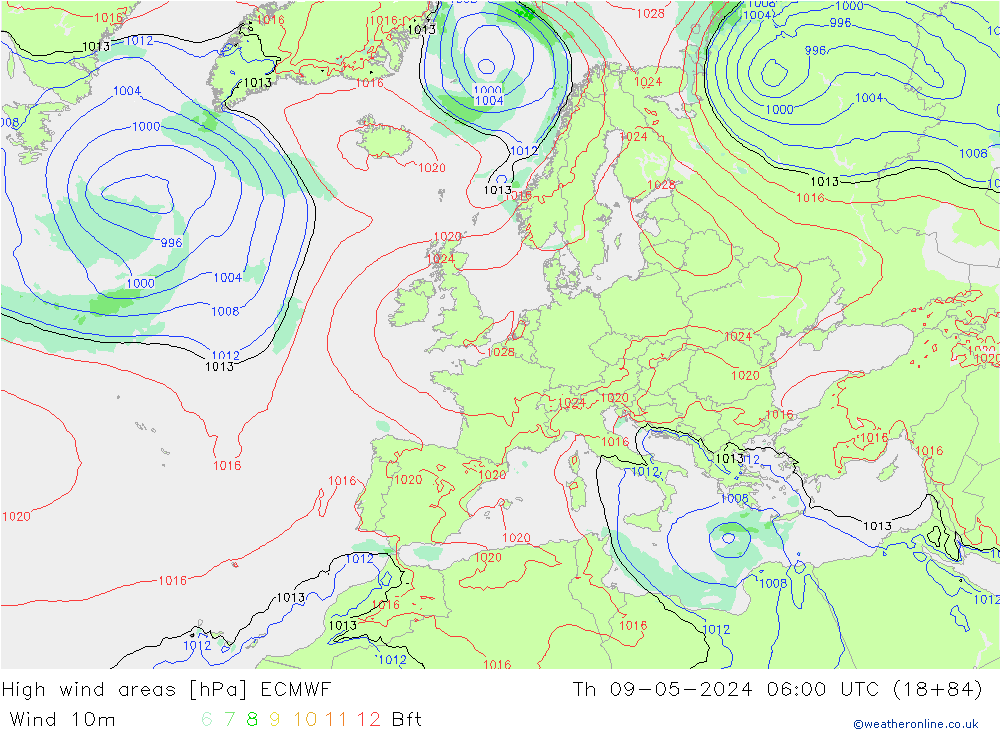 High wind areas ECMWF Čt 09.05.2024 06 UTC