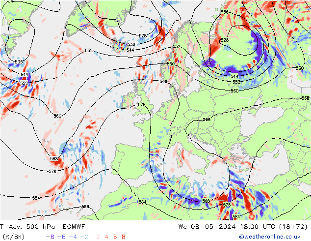 T-Adv. 500 hPa ECMWF Qua 08.05.2024 18 UTC