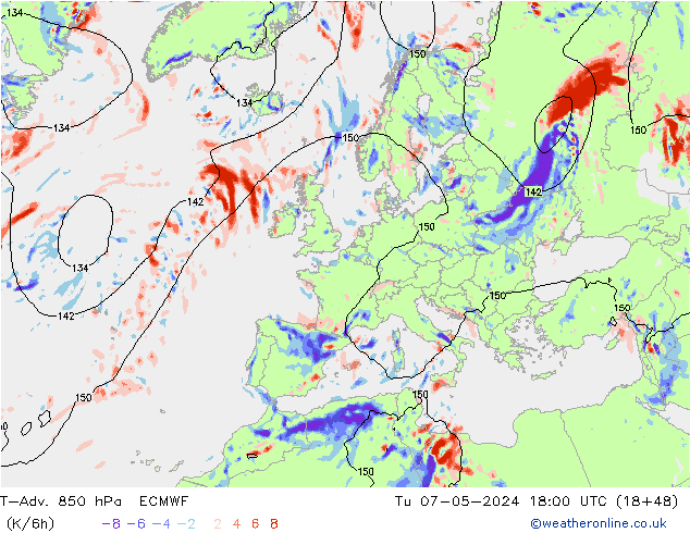 T-Adv. 850 hPa ECMWF Tu 07.05.2024 18 UTC