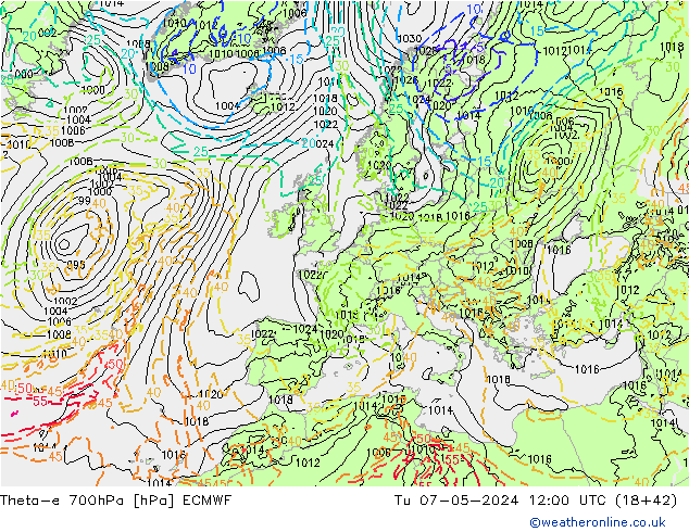 Theta-e 700hPa ECMWF mar 07.05.2024 12 UTC