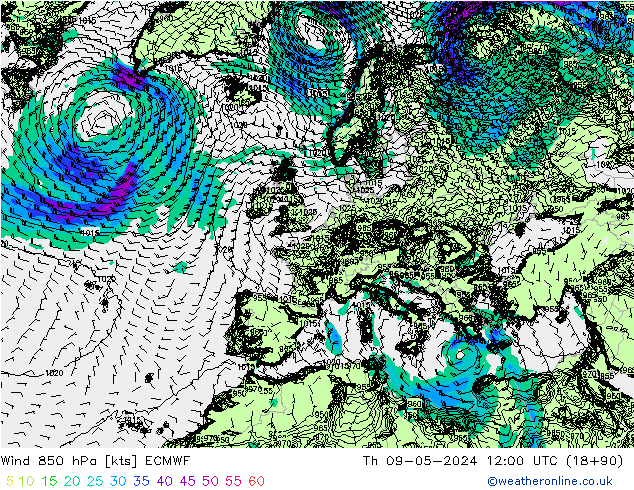 ветер 850 гПа ECMWF чт 09.05.2024 12 UTC