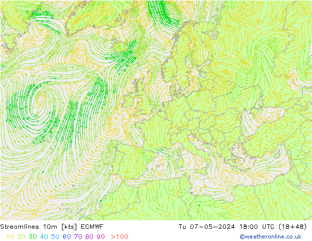 Streamlines 10m ECMWF Tu 07.05.2024 18 UTC