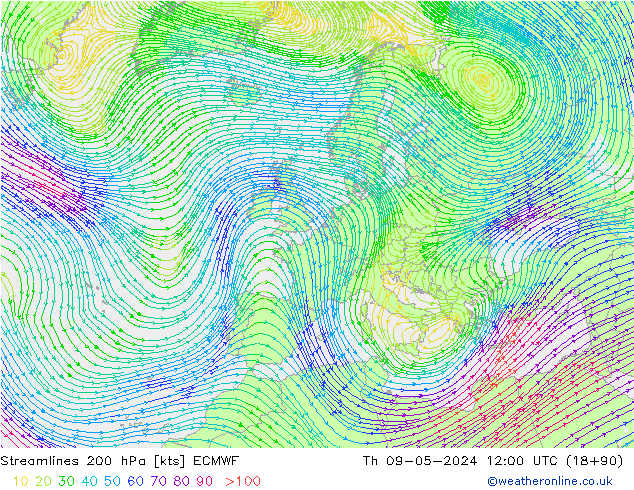 Linia prądu 200 hPa ECMWF czw. 09.05.2024 12 UTC