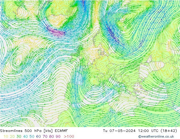 Stromlinien 500 hPa ECMWF Di 07.05.2024 12 UTC