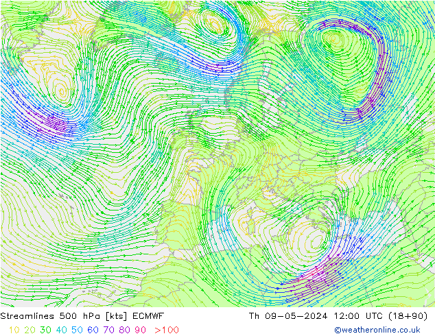 Linea di flusso 500 hPa ECMWF gio 09.05.2024 12 UTC