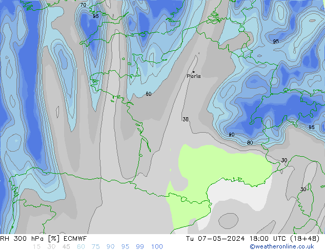 RH 300 hPa ECMWF Tu 07.05.2024 18 UTC