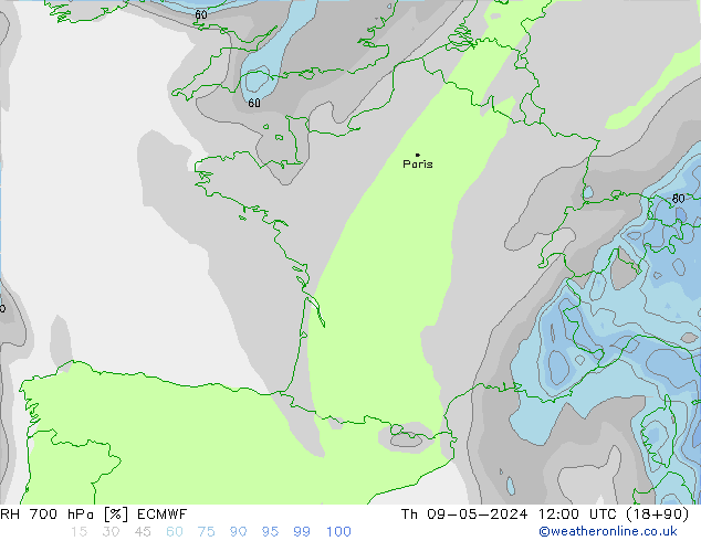 RH 700 hPa ECMWF Čt 09.05.2024 12 UTC