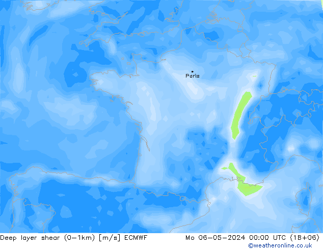 Deep layer shear (0-1km) ECMWF Mo 06.05.2024 00 UTC