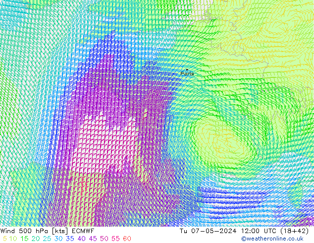 wiatr 500 hPa ECMWF wto. 07.05.2024 12 UTC