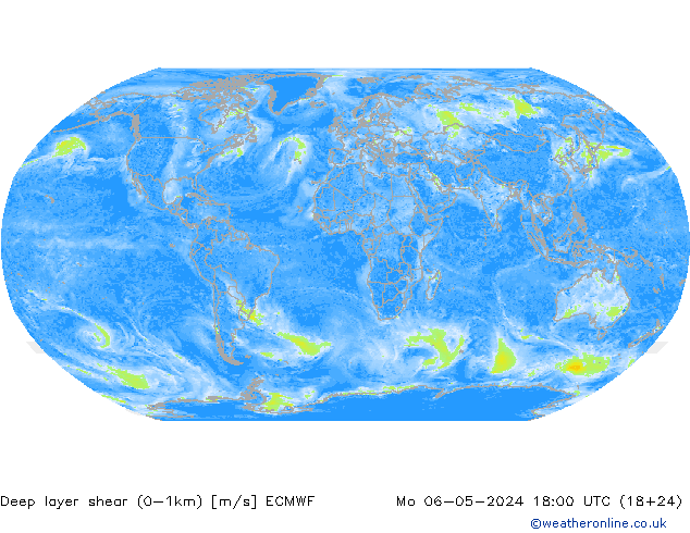 Deep layer shear (0-1km) ECMWF Mo 06.05.2024 18 UTC