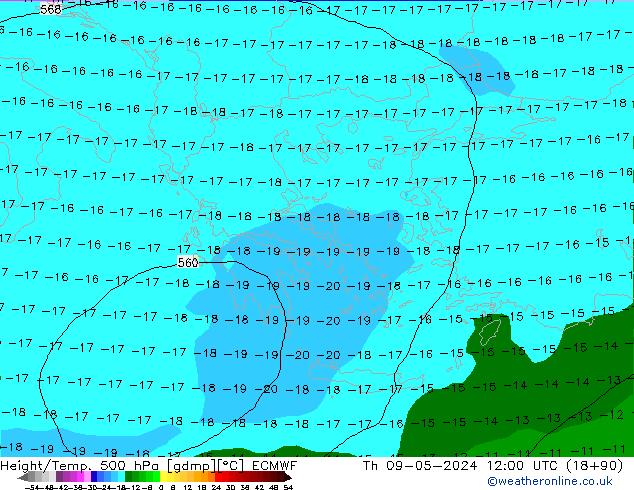 Z500/Rain (+SLP)/Z850 ECMWF czw. 09.05.2024 12 UTC