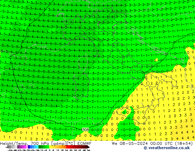 Geop./Temp. 700 hPa ECMWF mié 08.05.2024 00 UTC