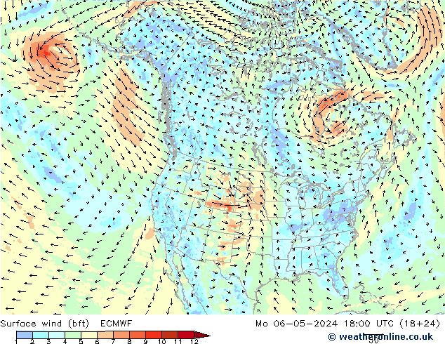Surface wind (bft) ECMWF Mo 06.05.2024 18 UTC
