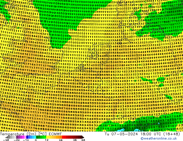 Temperature (2m) ECMWF Tu 07.05.2024 18 UTC