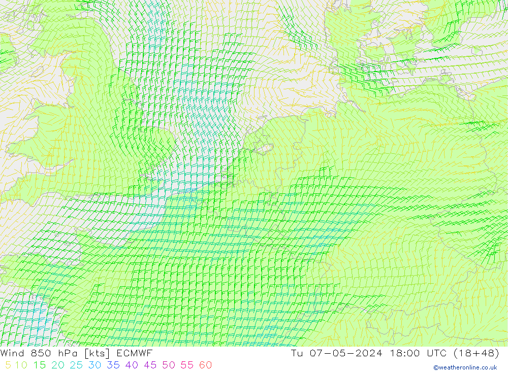 Wind 850 hPa ECMWF Di 07.05.2024 18 UTC