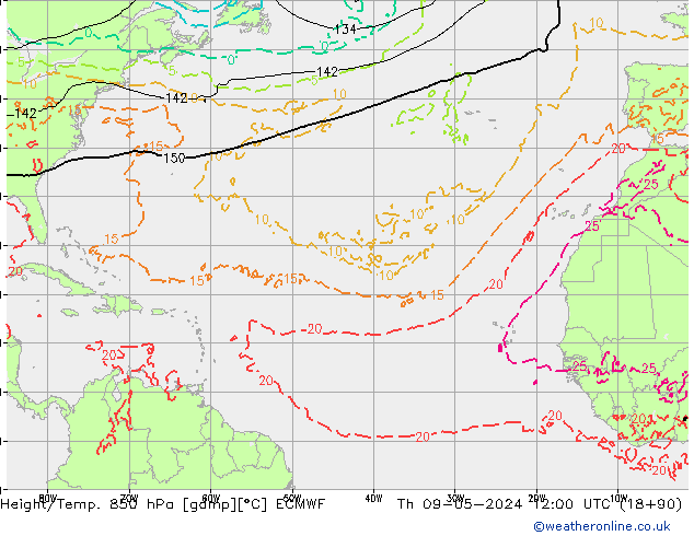 Hoogte/Temp. 850 hPa ECMWF do 09.05.2024 12 UTC