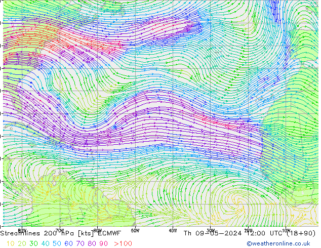 Linea di flusso 200 hPa ECMWF gio 09.05.2024 12 UTC