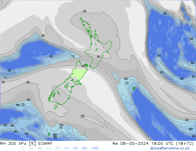 RH 300 hPa ECMWF śro. 08.05.2024 18 UTC