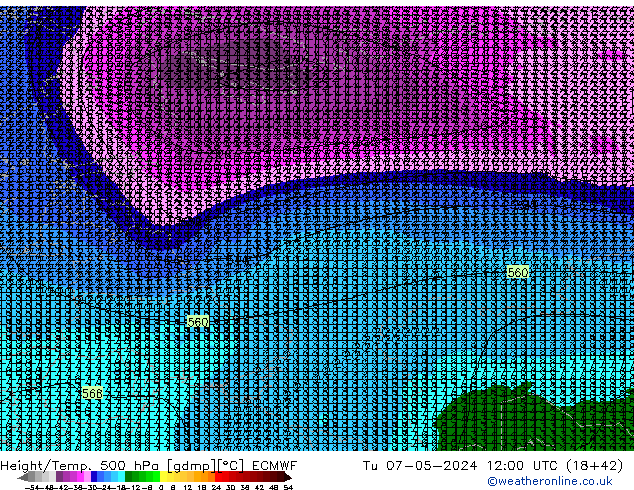 Z500/Rain (+SLP)/Z850 ECMWF wto. 07.05.2024 12 UTC