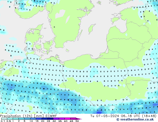 Totale neerslag (12h) ECMWF di 07.05.2024 18 UTC