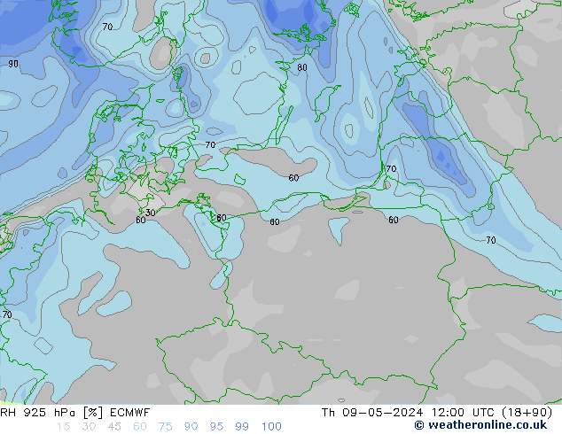 Humidité rel. 925 hPa ECMWF jeu 09.05.2024 12 UTC